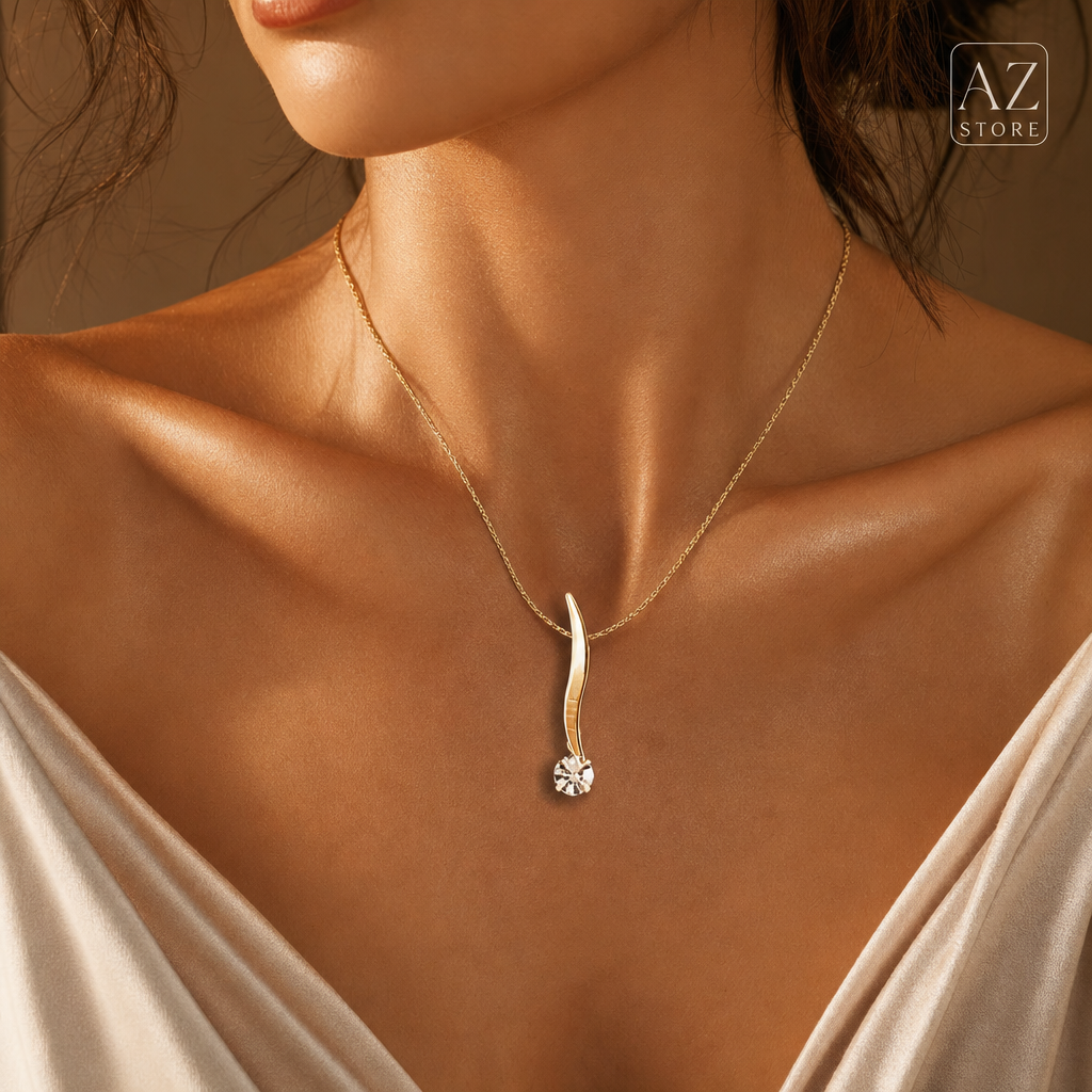 Colar Curva Dourada com Zircônia - pingente escultural dourado