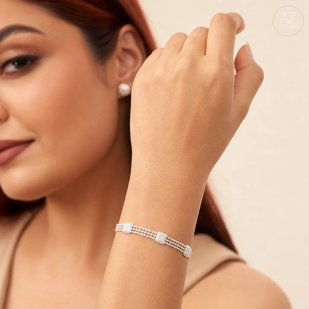 Conjunto Elegância Prata - pulseira malha tripla e brincos bolinha